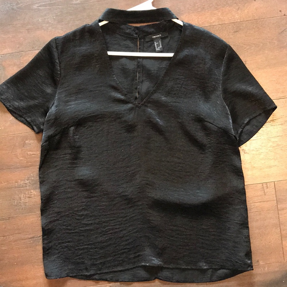 F21 Black silk choker collar shirt